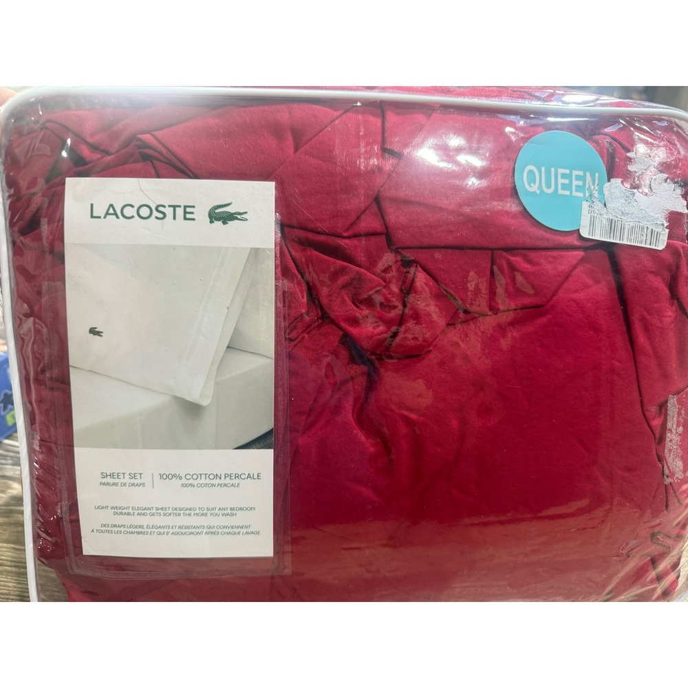 Lacoste Queen Sheet Set 100% Cotton Percale Red Solid Bedding New